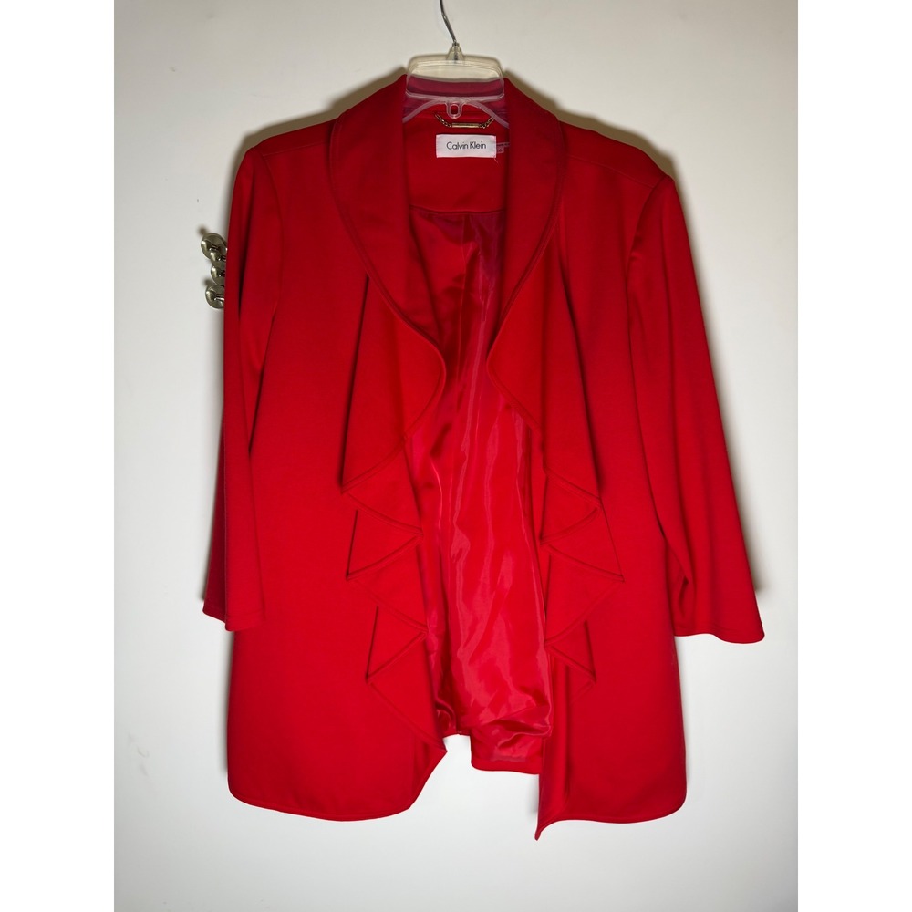 Calvin Klein Women Red Ruffle Open Front Blazer Jacket Size 16 Draped 3/4 Sleeve
